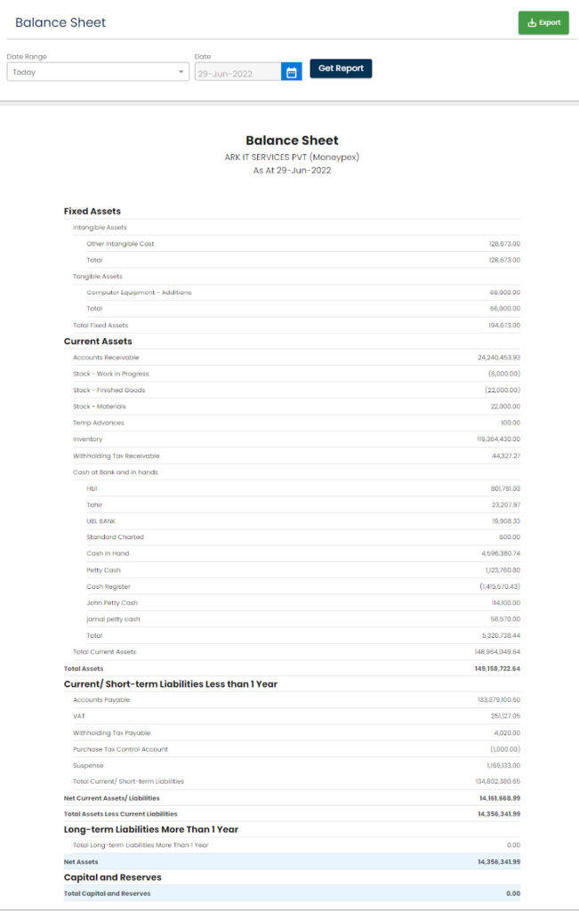 Balance sheet screenshot of moneypex accounting software